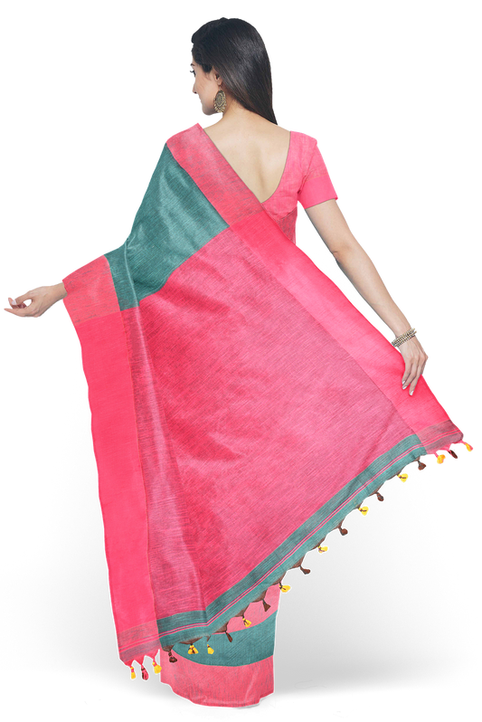 Moitreyee Signature Handloom Saree – Pink & Green Khadi Cotton Elegance