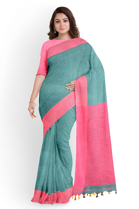 Moitreyee Signature Handloom Saree – Pink & Green Khadi Cotton Elegance