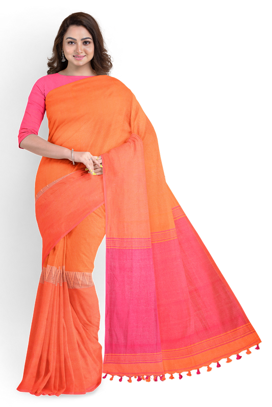Pink & Orange Khadi Cotton Half and Half Handloom Saree