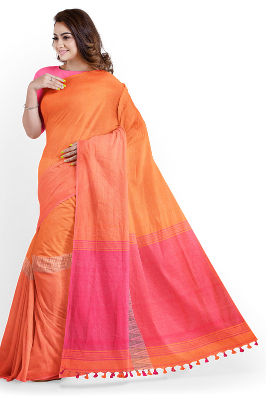 Pink & Orange Khadi Cotton Half and Half Handloom Saree