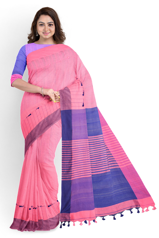 Moitreyee Pink & Blue Khadi Cotton Handloom Saree