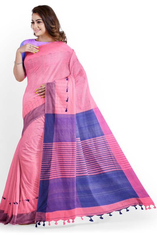 Moitreyee Pink & Blue Khadi Cotton Handloom Saree
