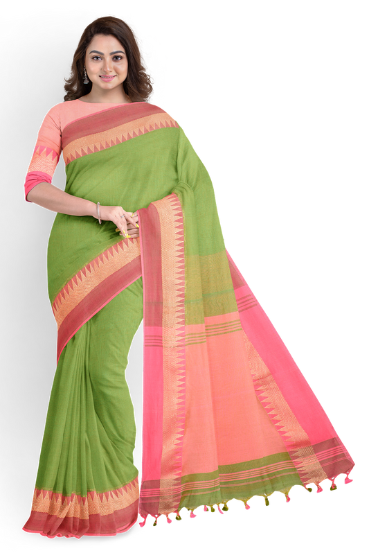 Moitreyee Khadi Pure Cotton Pink & Green Handloom Saree