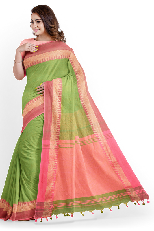 Moitreyee Khadi Pure Cotton Pink & Green Handloom Saree