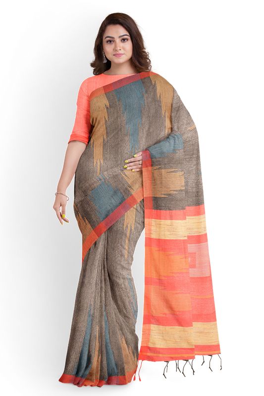 Moitreyee Cotton Ikkat Black & Orange Handloom Saree