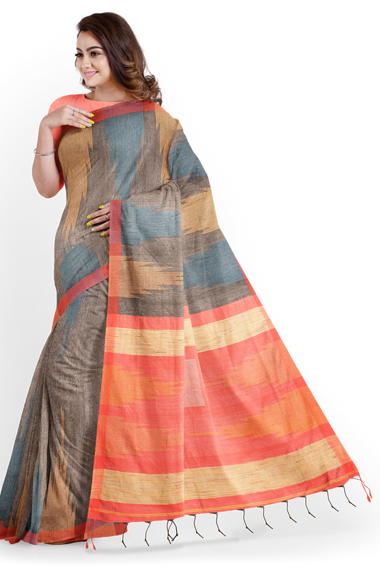 Moitreyee Cotton Ikkat Black & Orange Handloom Saree
