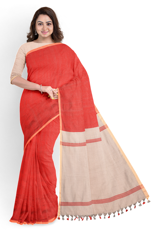 Moitreyee Red & Ash Half and Half Cotton Handloom Saree