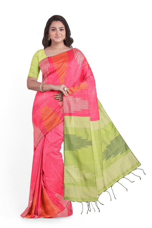 Moitreyee Cotton Ikkat Pink & Green Temple Design Saree
