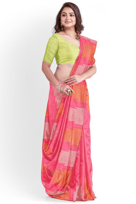 Moitreyee Cotton Ikkat Pink & Green Temple Design Saree