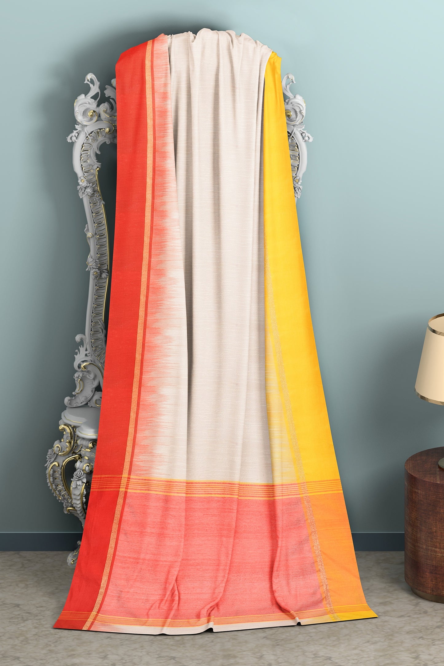 Moitreyee Cotton Ikkat Yellow, Red & White Handloom Saree