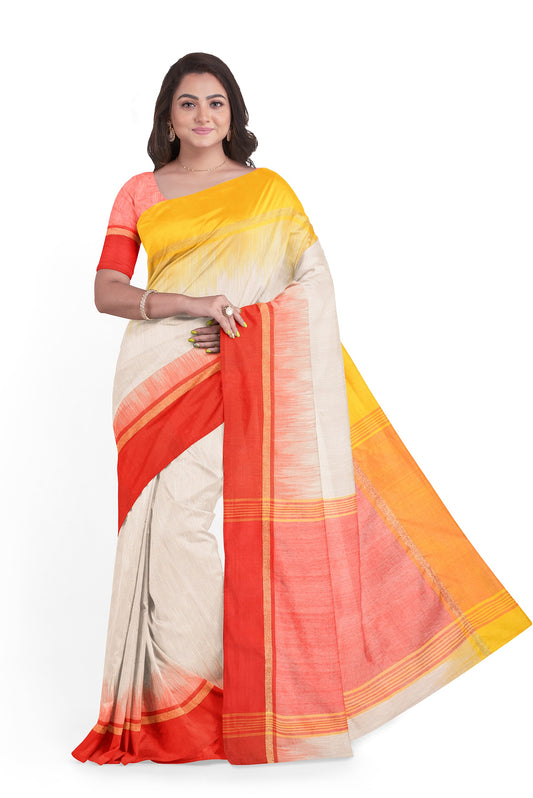 Moitreyee Cotton Ikkat Yellow, Red & White Handloom Saree