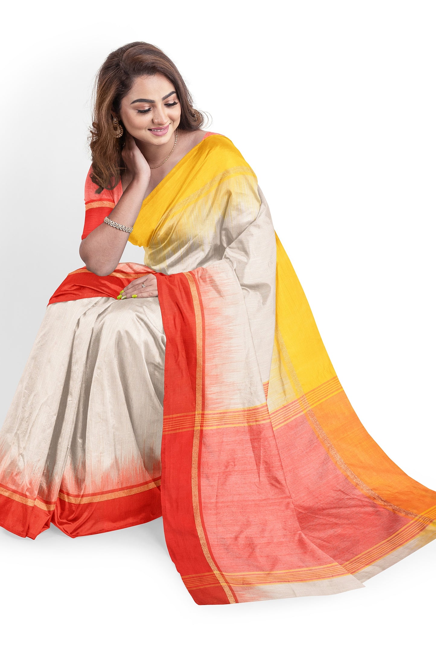 Moitreyee Cotton Ikkat Yellow, Red & White Handloom Saree