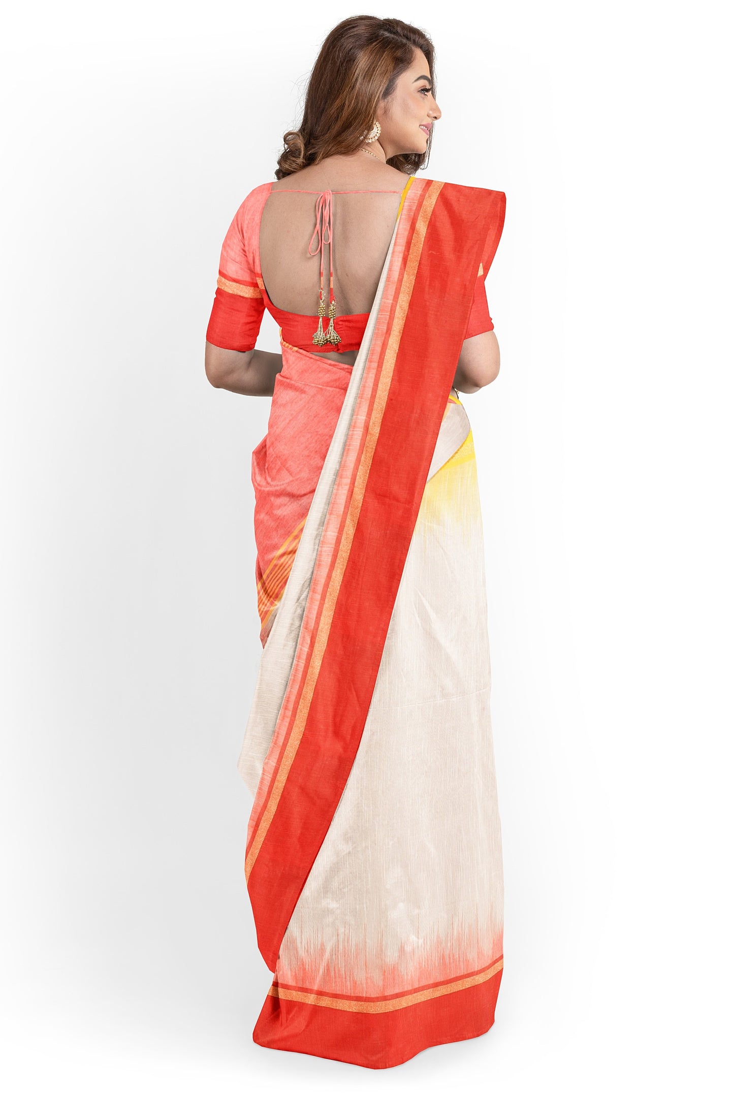 Moitreyee Cotton Ikkat Yellow, Red & White Handloom Saree