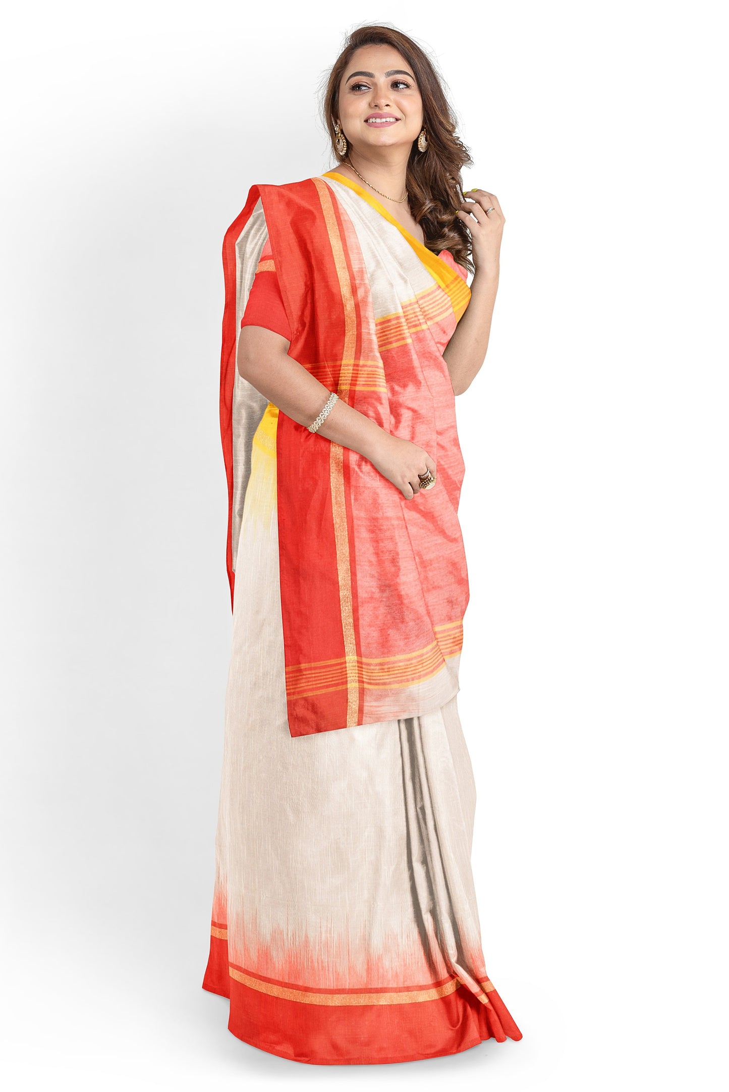 Moitreyee Cotton Ikkat Yellow, Red & White Handloom Saree