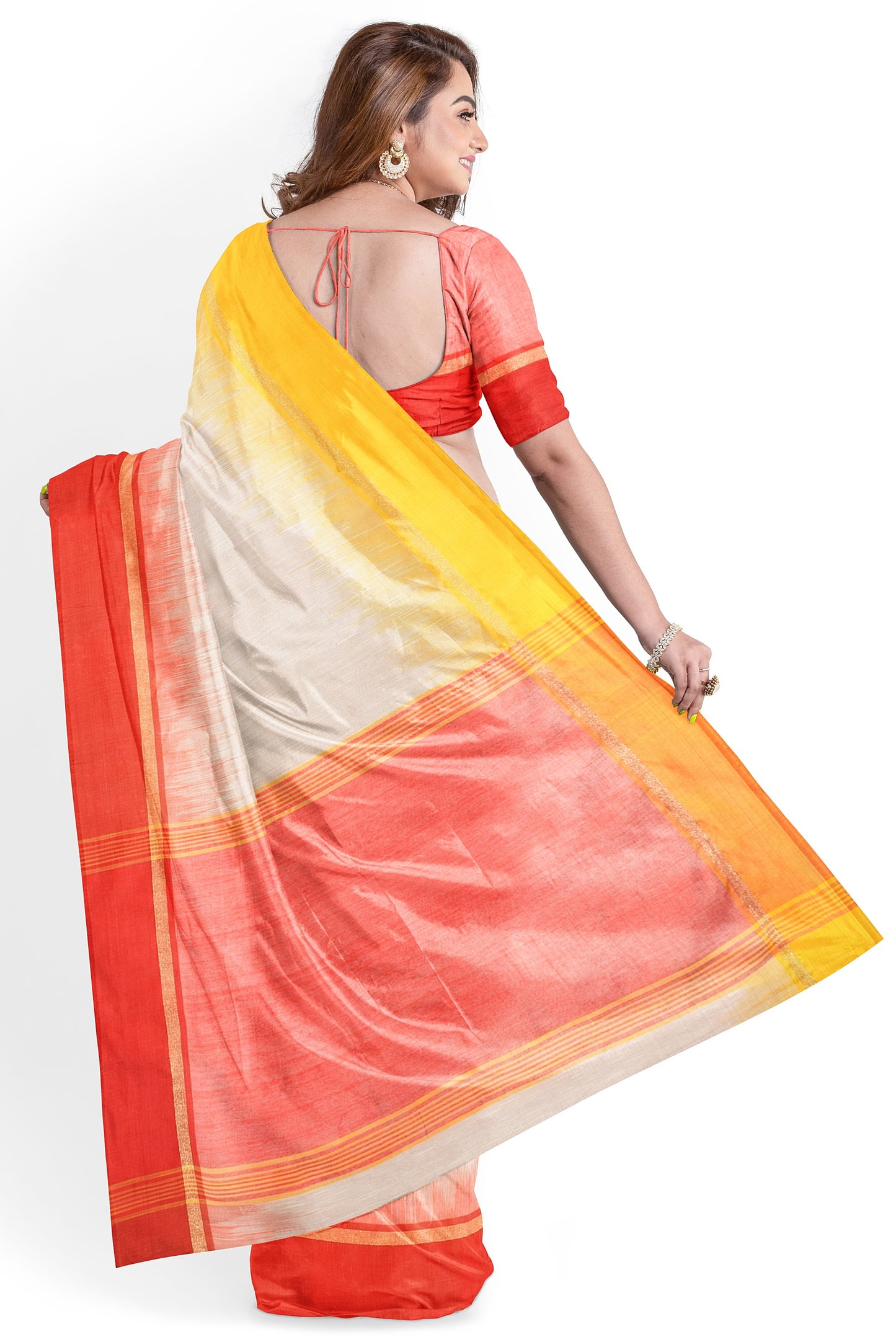Moitreyee Cotton Ikkat Yellow, Red & White Handloom Saree