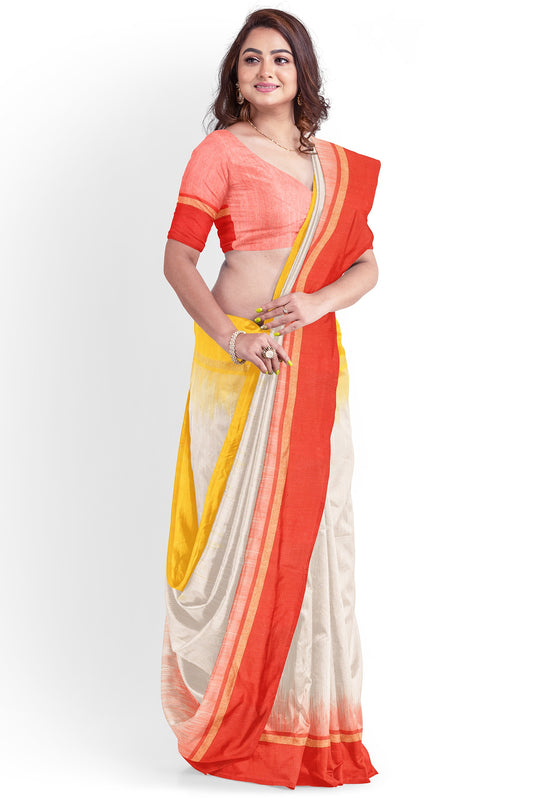 Moitreyee Cotton Ikkat Yellow, Red & White Handloom Saree