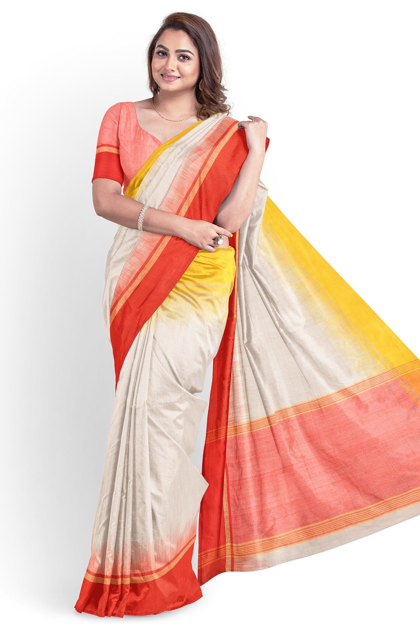 Moitreyee Cotton Ikkat Yellow, Red & White Handloom Saree