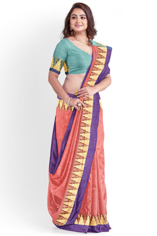 Moitreyee Cotton Silk Temple Border Orange & Blue Handloom Saree