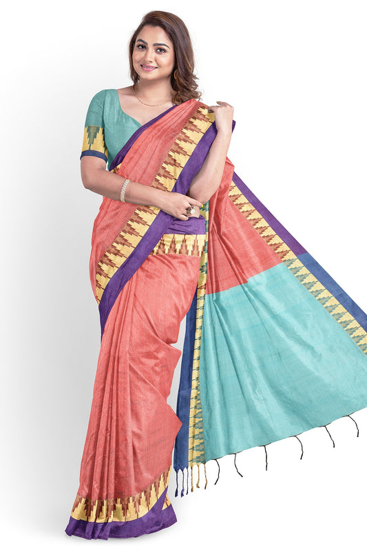 Moitreyee Cotton Silk Temple Border Orange & Blue Handloom Saree