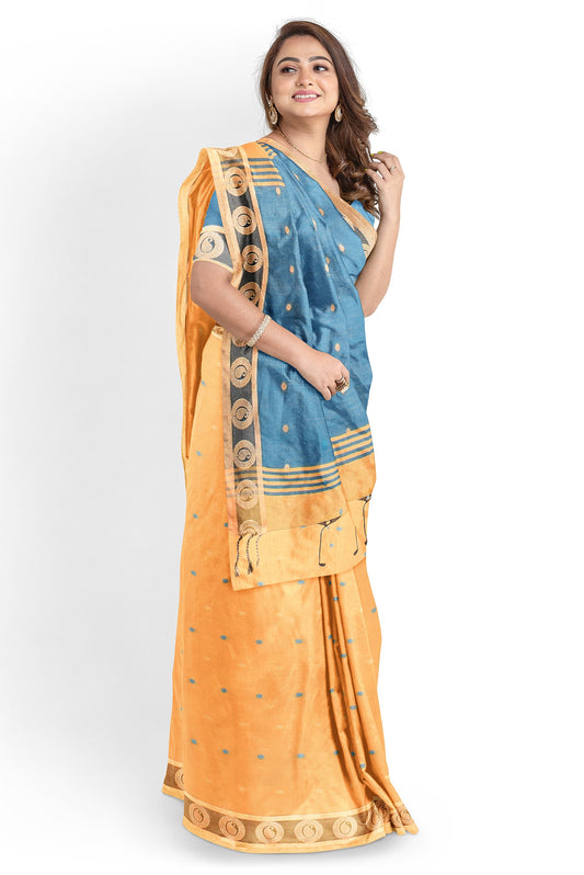 Moitreyee Golden & Blue Cotton Silk Handloom Saree
