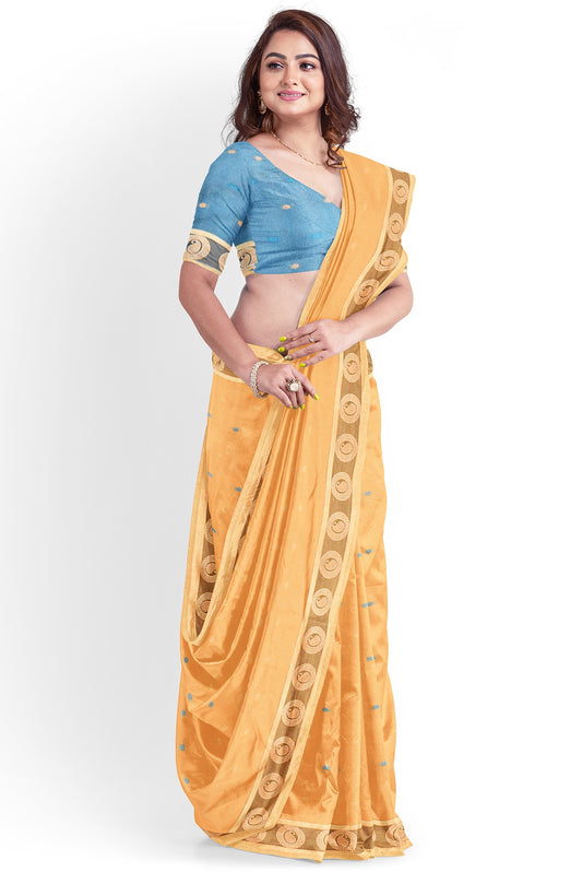 Moitreyee Golden & Blue Cotton Silk Handloom Saree