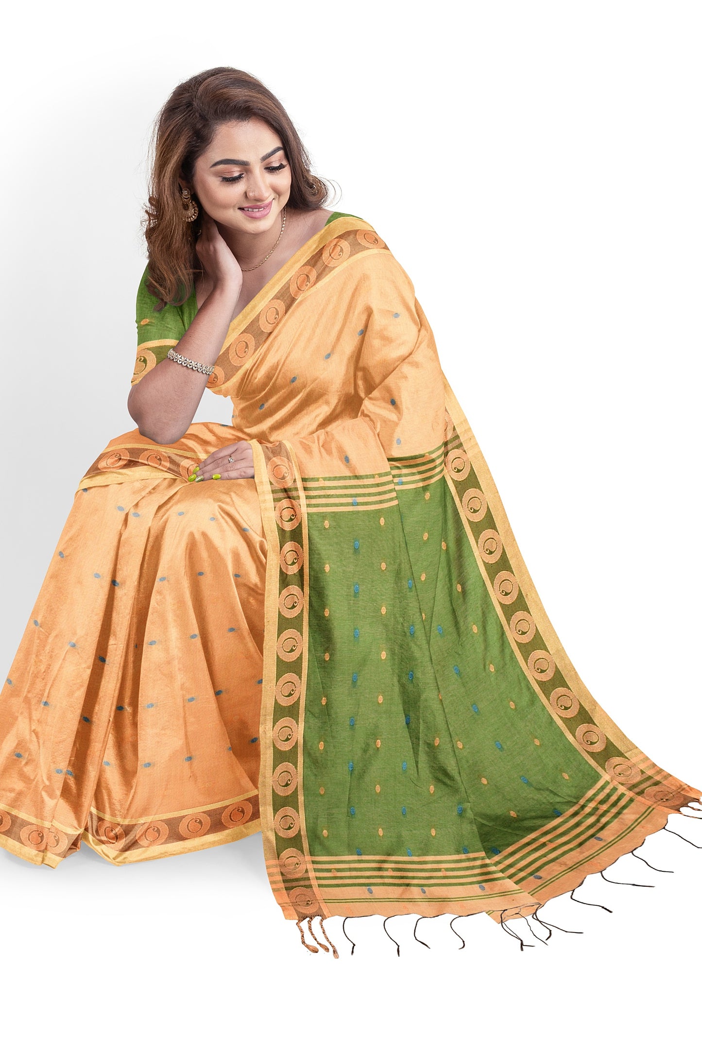 Moitreyee Golden & Green Cotton Silk Handloom Saree