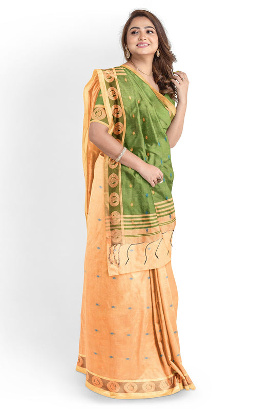 Moitreyee Golden & Green Cotton Silk Handloom Saree