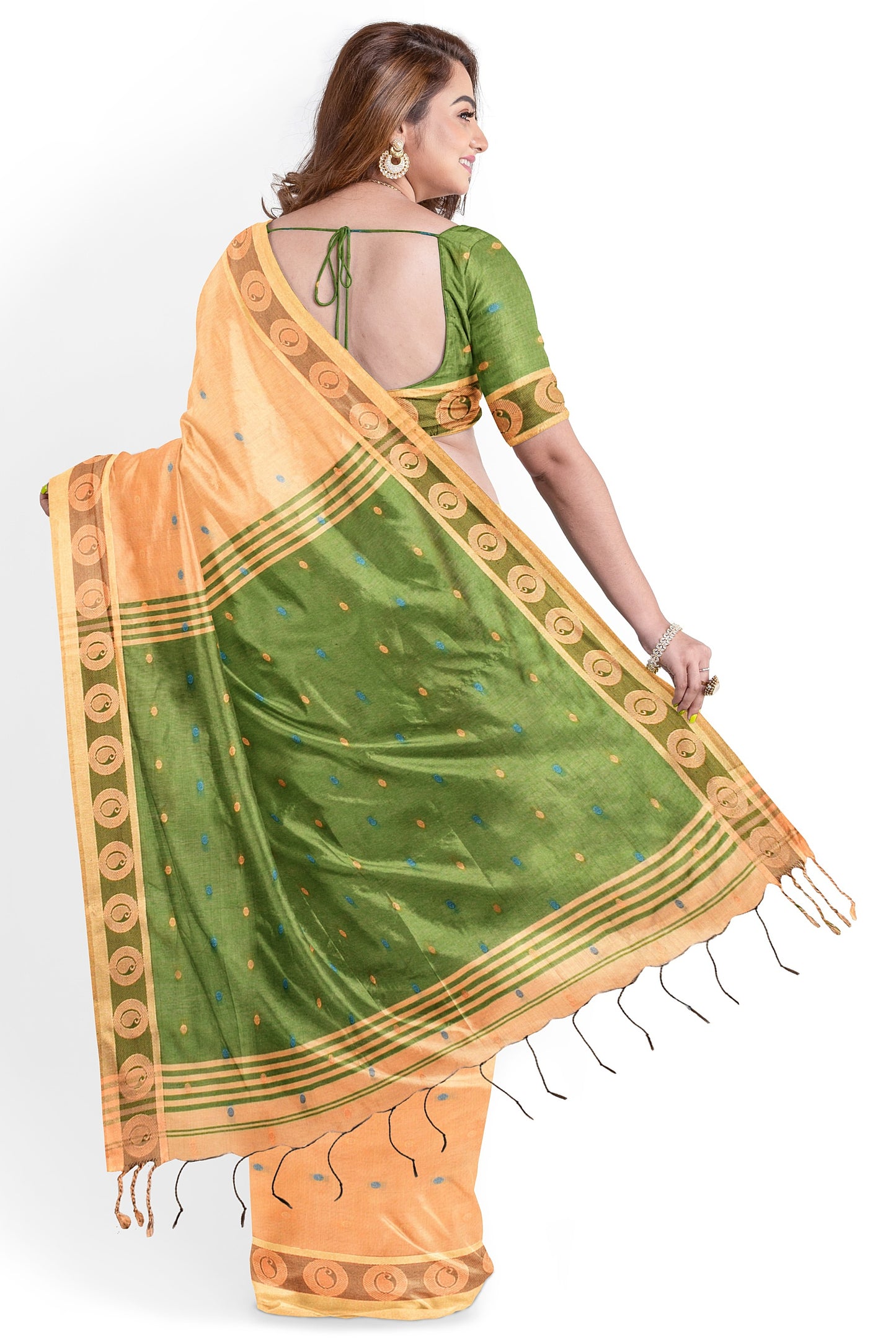Moitreyee Golden & Green Cotton Silk Handloom Saree