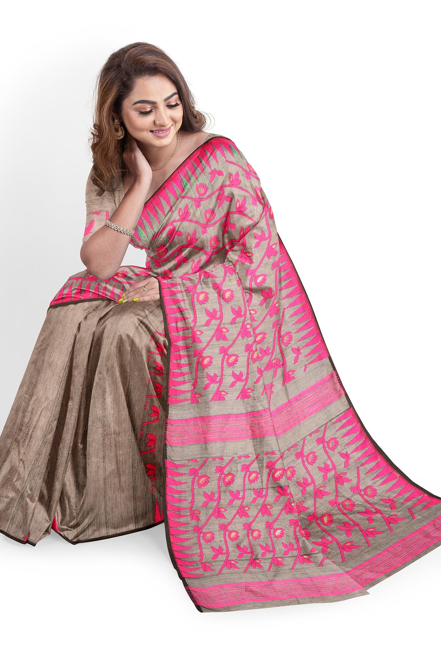 Moitreyee Soft Cotton Jamdani Pink and Black Handloom Saree