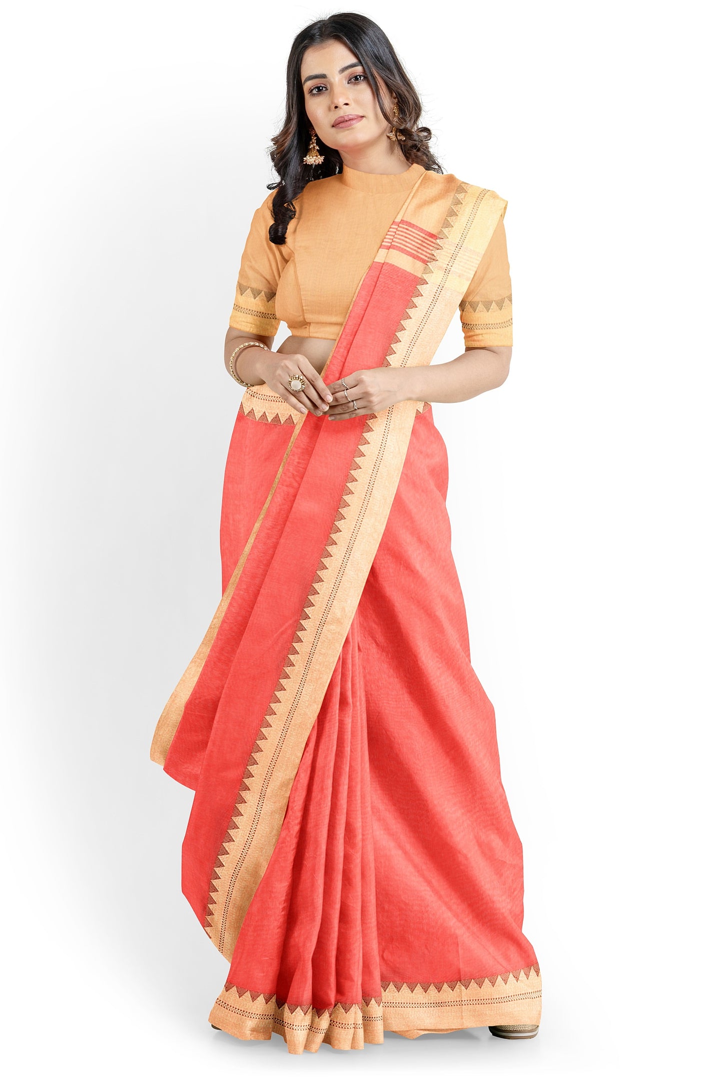 Moitreyee Handloom Cotton Silk Orange and Golden Saree