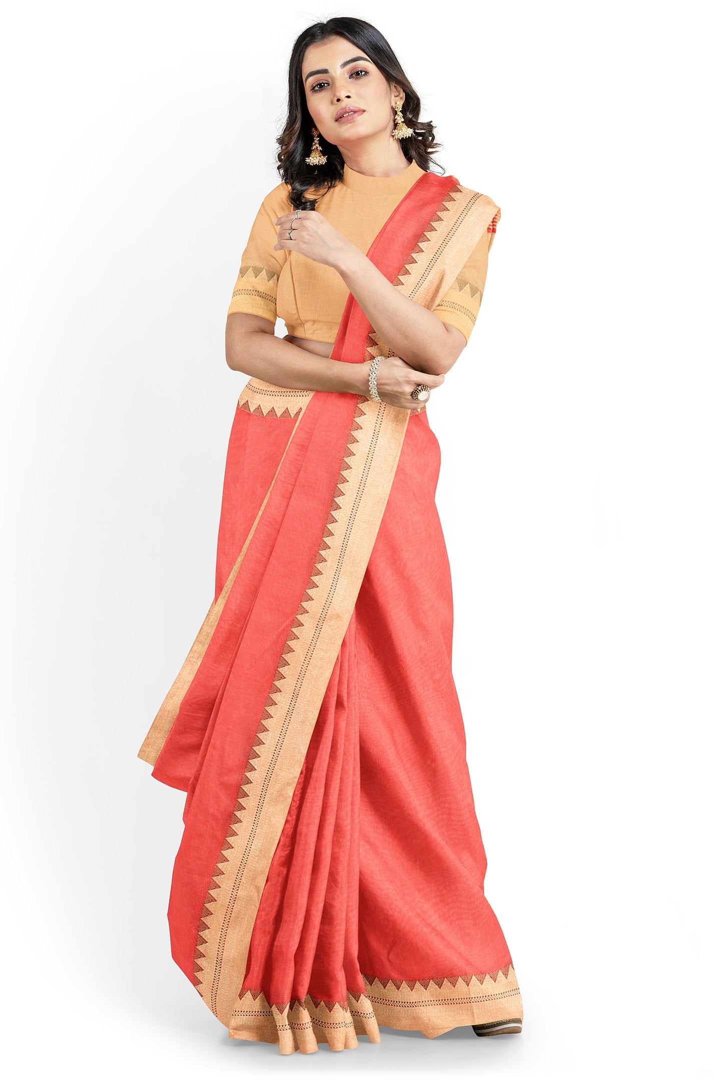 Moitreyee Handloom Cotton Silk Orange and Golden Saree