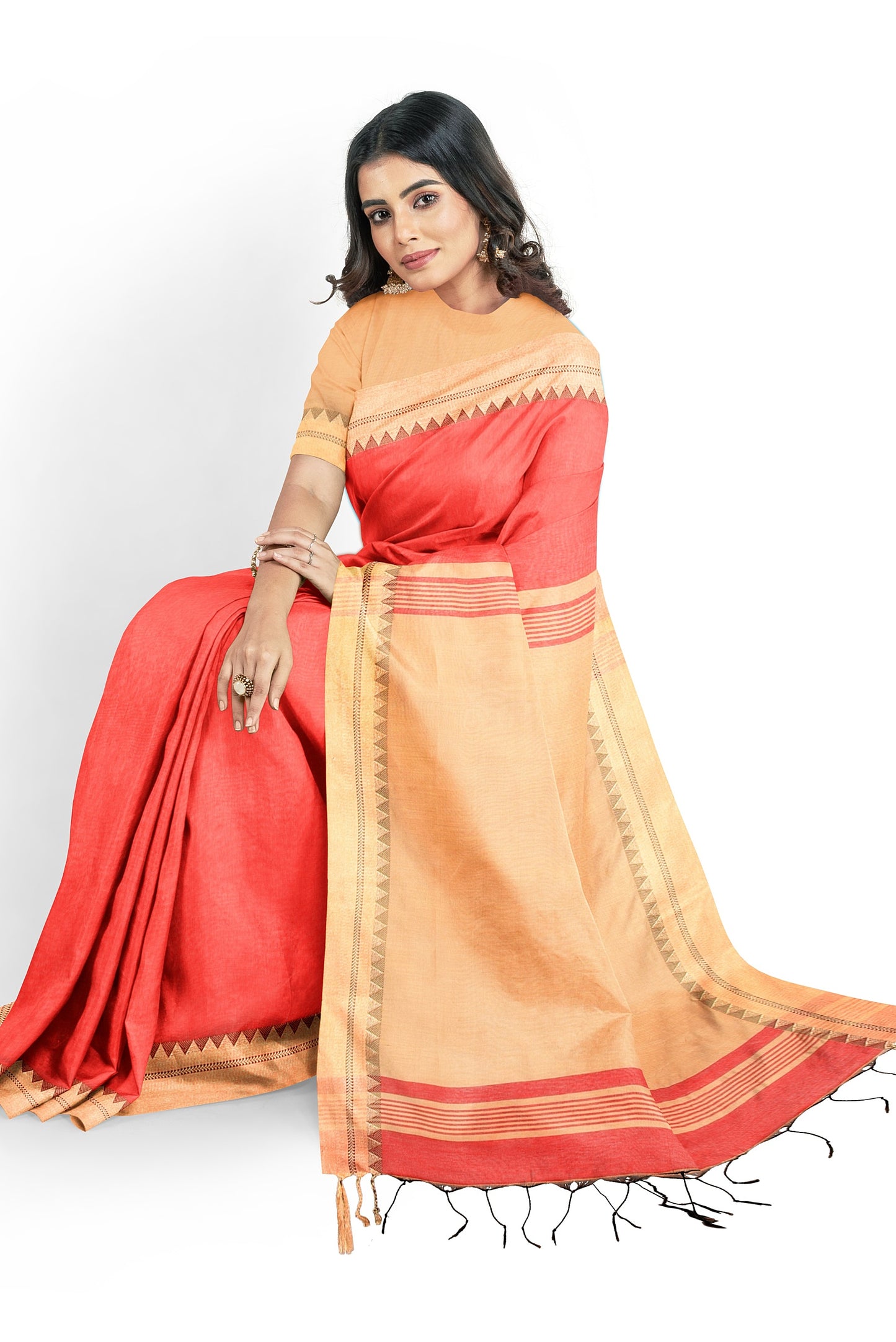 Moitreyee Handloom Cotton Silk Orange and Golden Saree