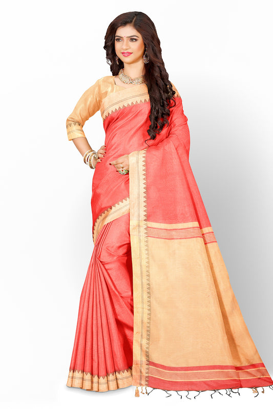 Moitreyee Handloom Cotton Silk Orange and Golden Saree