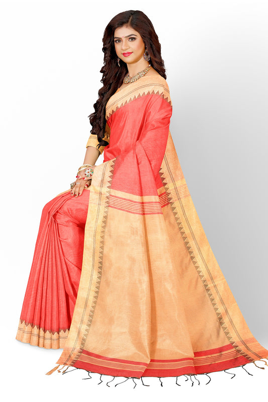 Moitreyee Handloom Cotton Silk Orange and Golden Saree