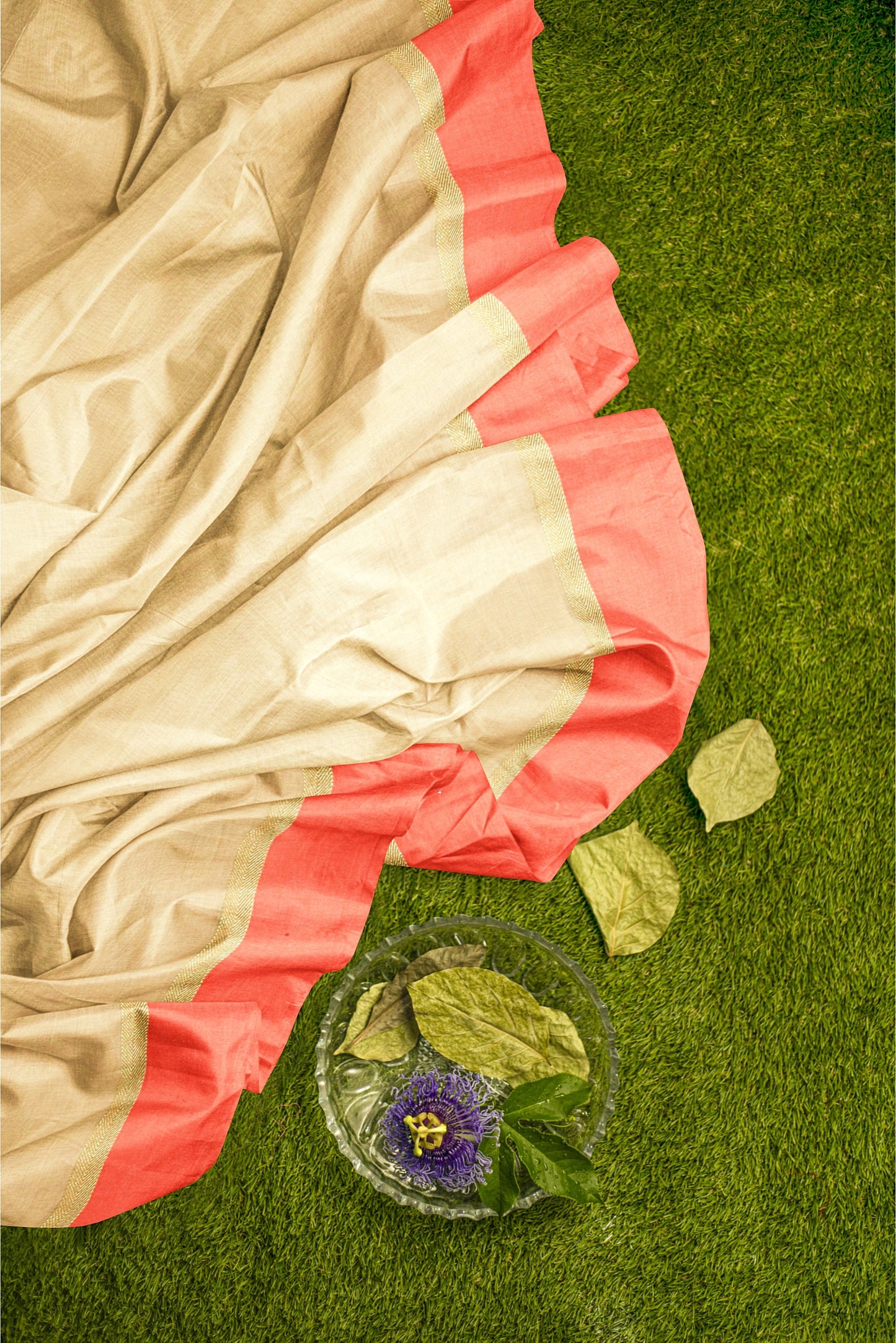Moitreyee Handloom Cotton Silk Saree in Golden and Red with Maheswari Design