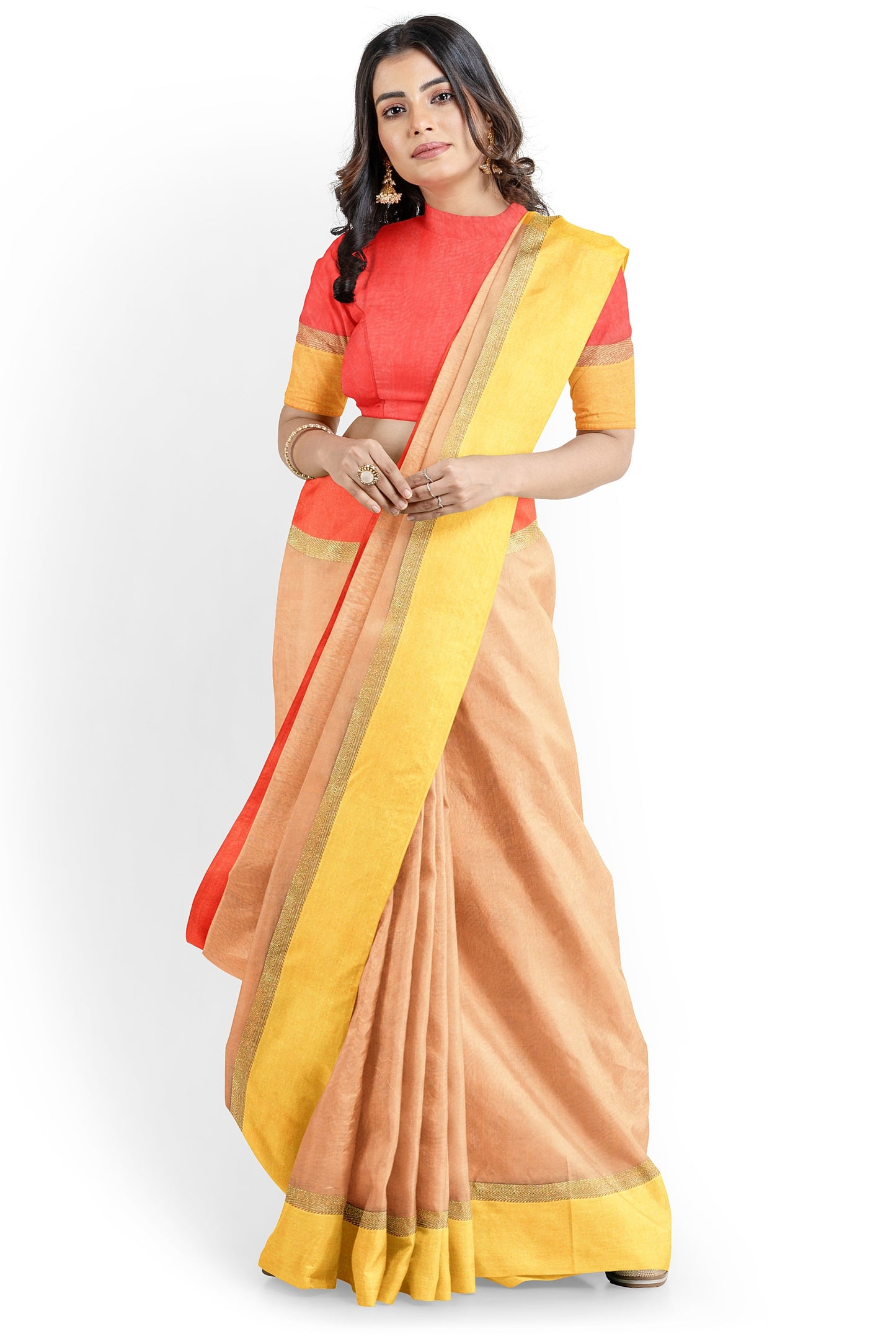 Moitreyee Handloom Cotton Silk Saree in Orange and Yellow with Maheswari Design