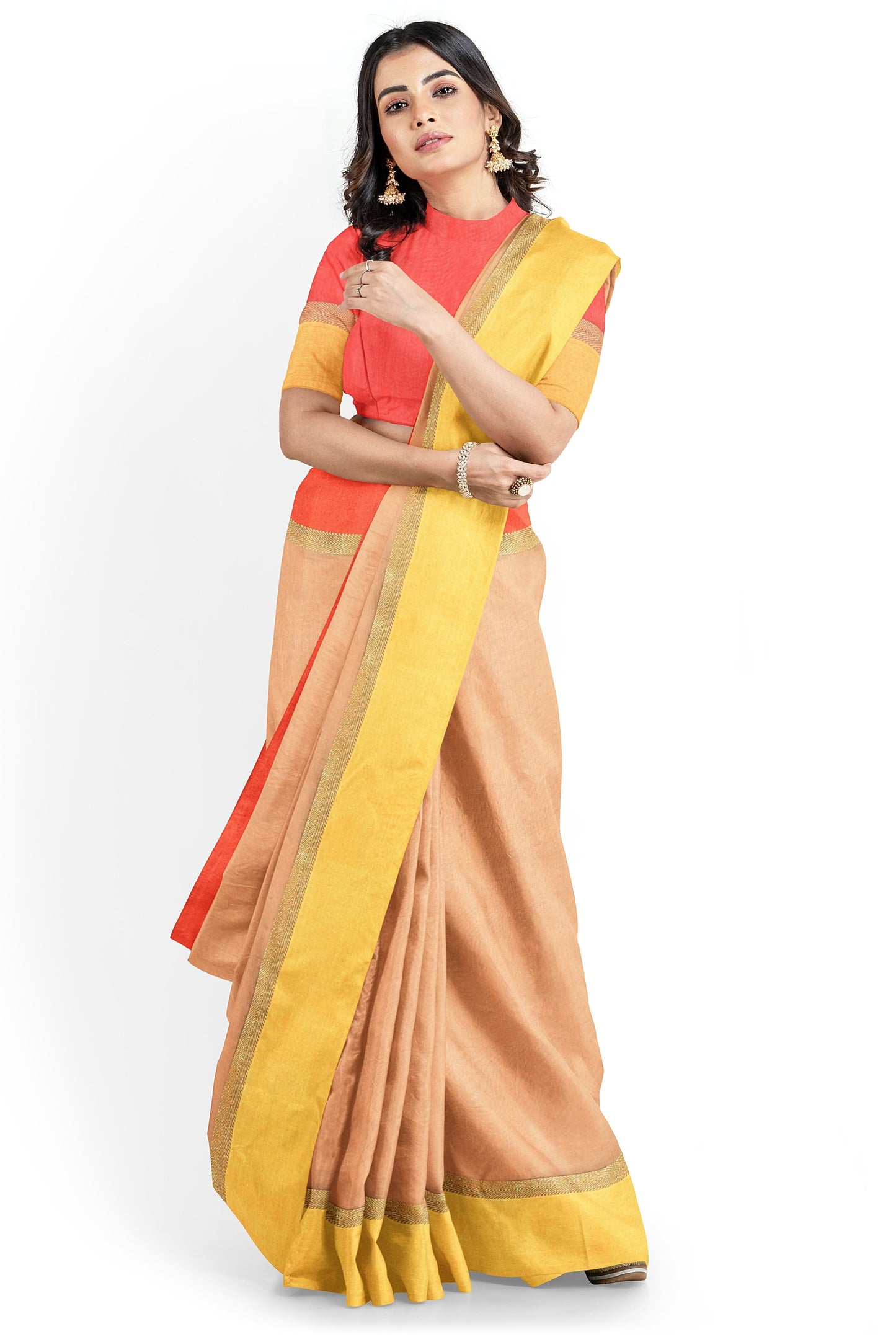 Moitreyee Handloom Cotton Silk Saree in Orange and Yellow with Maheswari Design