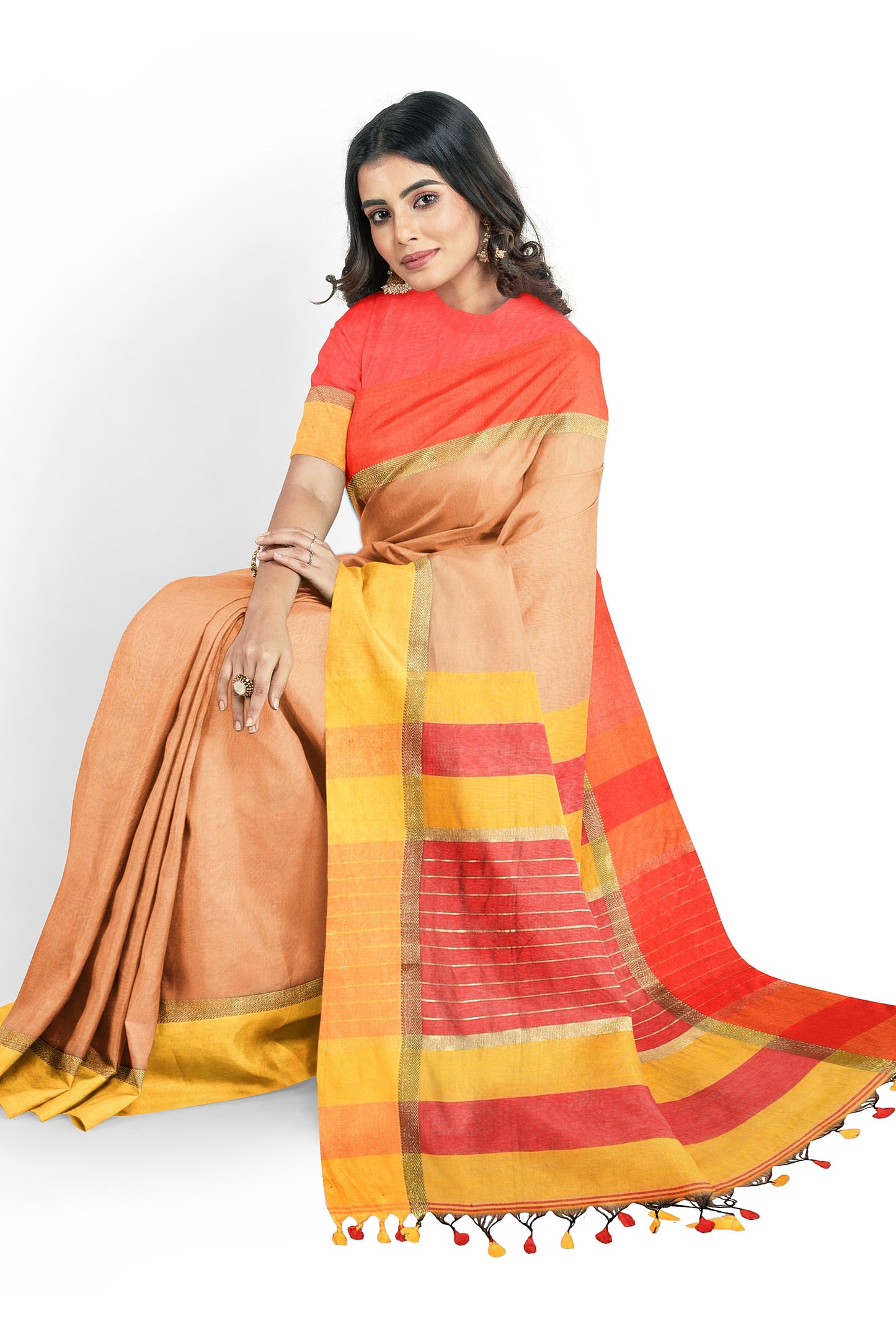 Moitreyee Handloom Cotton Silk Saree in Orange and Yellow with Maheswari Design