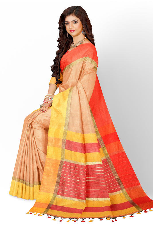 Moitreyee Handloom Cotton Silk Saree in Orange and Yellow with Maheswari Design
