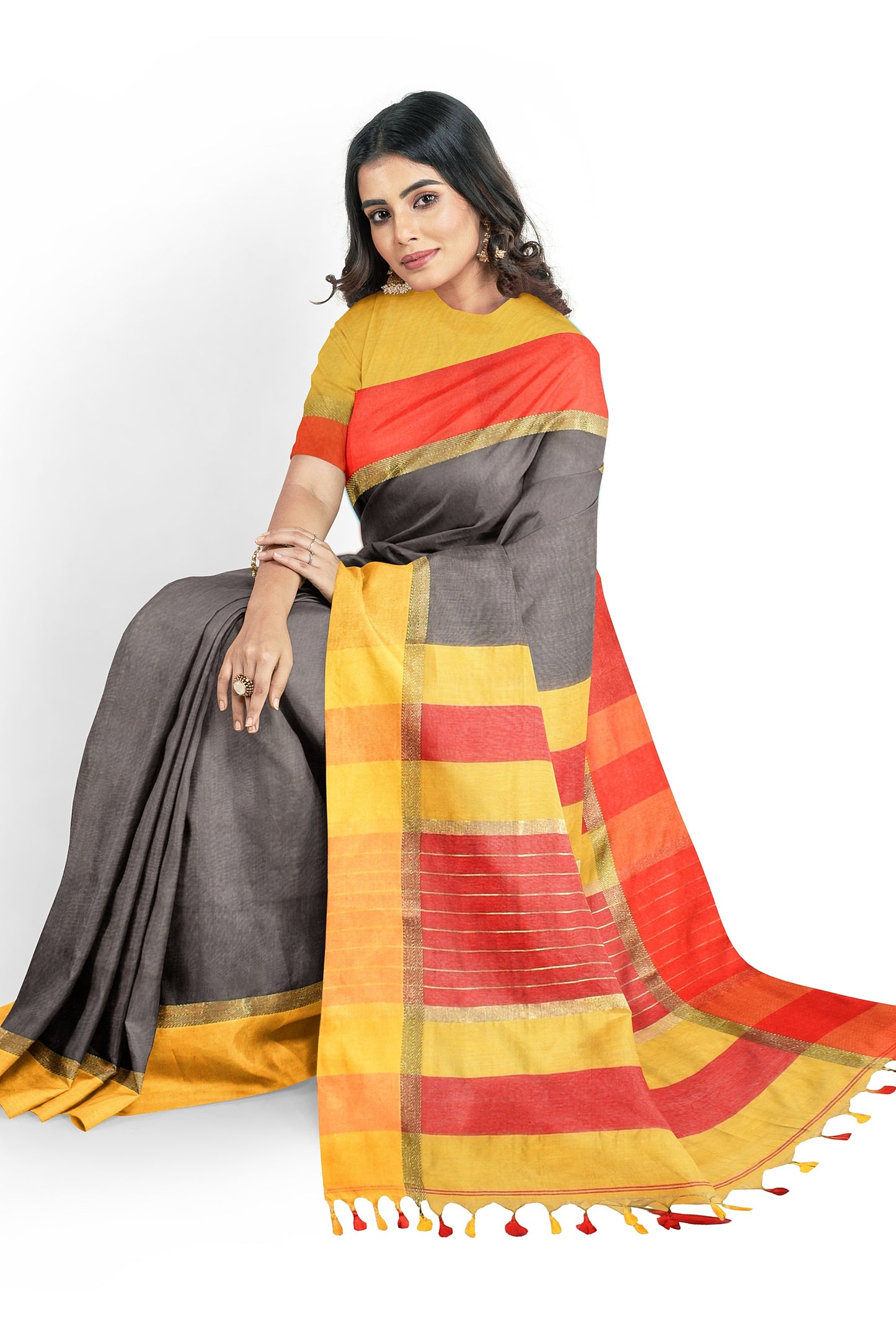 Moitreyee Maheshwari Design Black and Yellow-Red Cotton Silk Handloom Saree