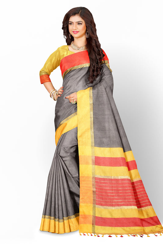 Moitreyee Maheshwari Design Black and Yellow-Red Cotton Silk Handloom Saree