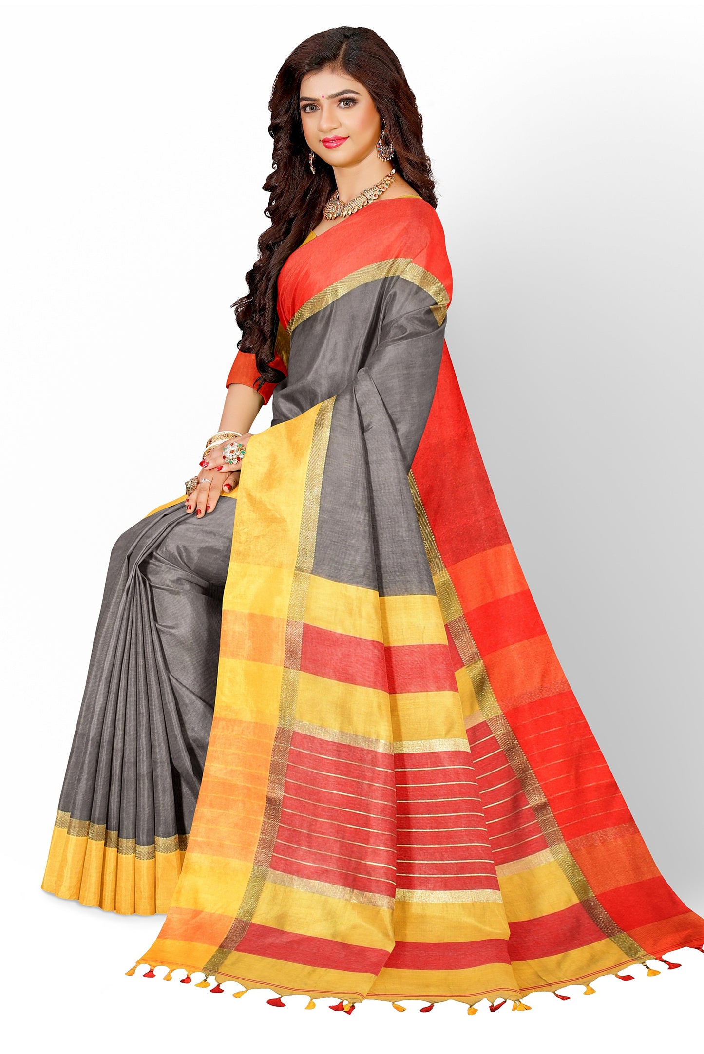 Moitreyee Maheshwari Design Black and Yellow-Red Cotton Silk Handloom Saree