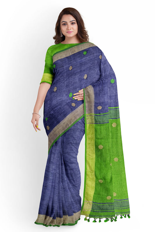 Moitreyee Blue & Green Linen Handloom Saree