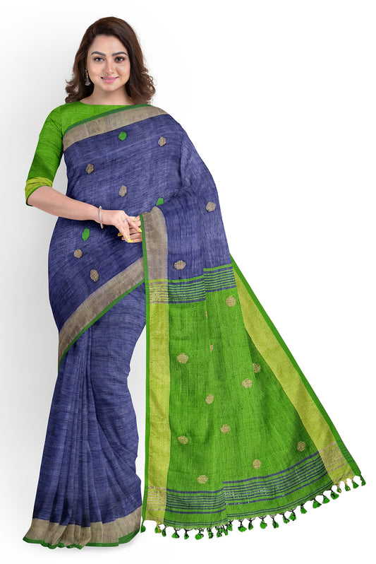 Moitreyee Blue & Green Linen Handloom Saree
