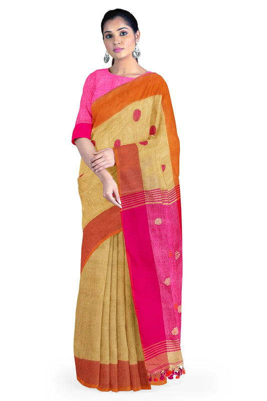 Moitreyee Golden and Pink Linen Handloom Saree