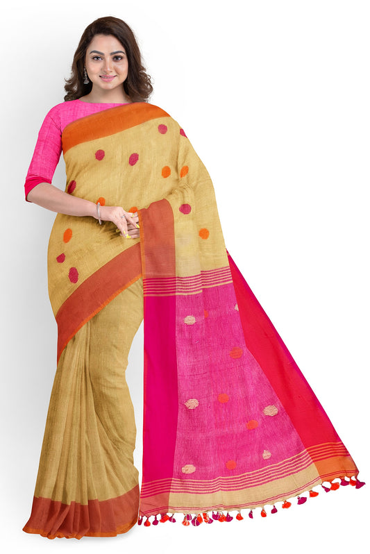 Moitreyee Golden and Pink Linen Handloom Saree