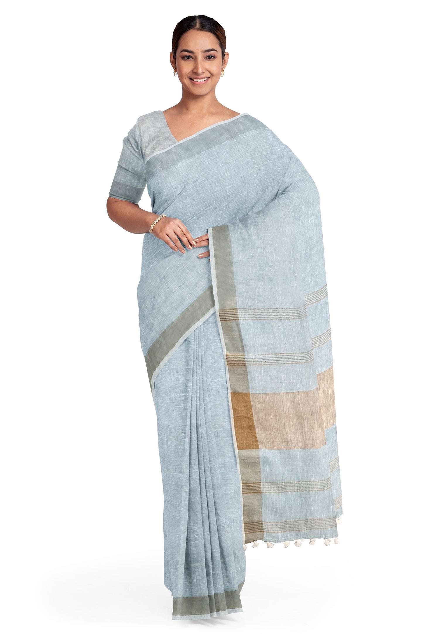 Sky Blue & Gold Par Linen Saree by Moitreyee β Handwoven Bengal Heritage