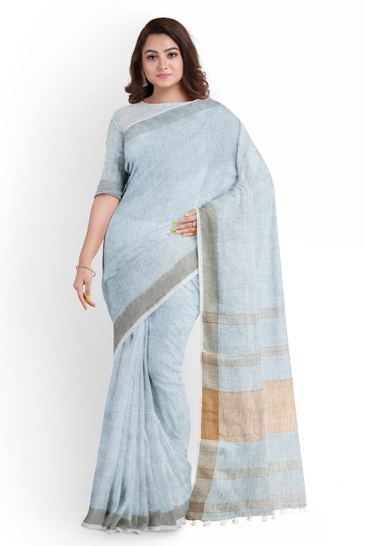Sky Blue & Gold Par Linen Saree by Moitreyee – Handwoven Bengal Heritage