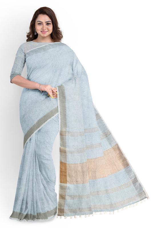 Sky Blue & Gold Par Linen Saree by Moitreyee – Handwoven Bengal Heritage