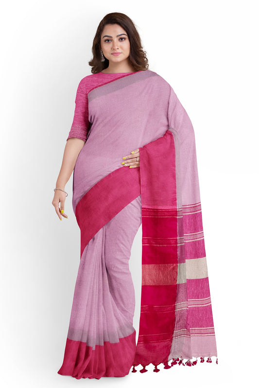 Dual-Tone Pink Linen Saree by Moitreyee – Handwoven with Par Border Detailing